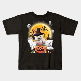 Westie Dog Mummy Witch Moon Ghosts Happy Halloween Thanksgiving Merry Christmas Day Kids T-Shirt